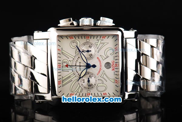 Franck Muller Conquistador Swiss Valjoux 7750 Automatic Movement Steel Case with White Dial and Numeral Markers-Steel Strap - Click Image to Close